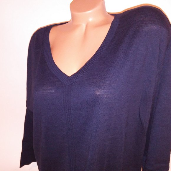 Talbots Sweater Large V Neck Navy Blue Solid 3/4 Sleeve 100% Cotton Pullover Bus - Picture 5 of 11